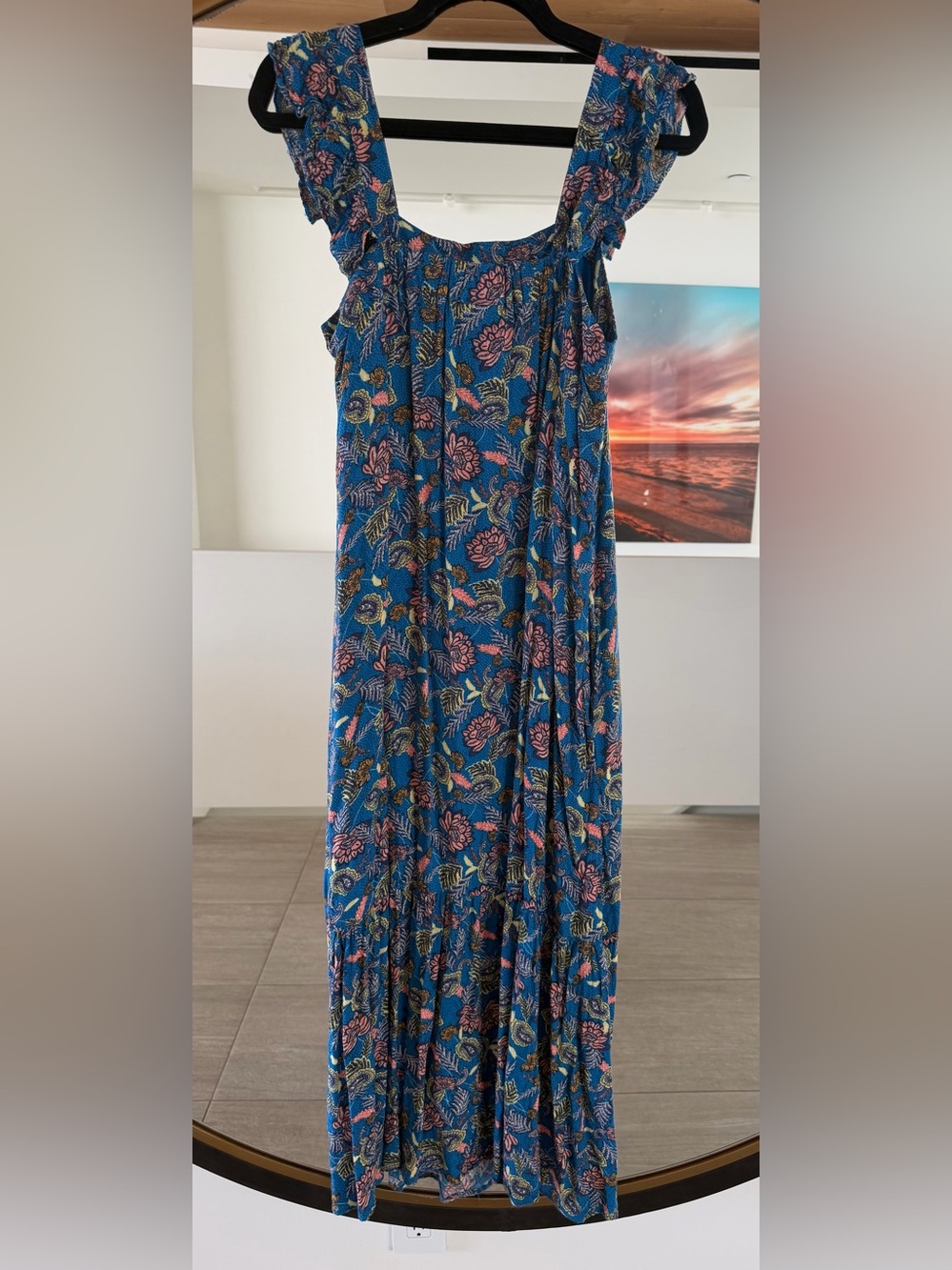 Knox Rose Blue Floral Paisley Ruffle Maxi Sleeveless Dress Sundress Size M